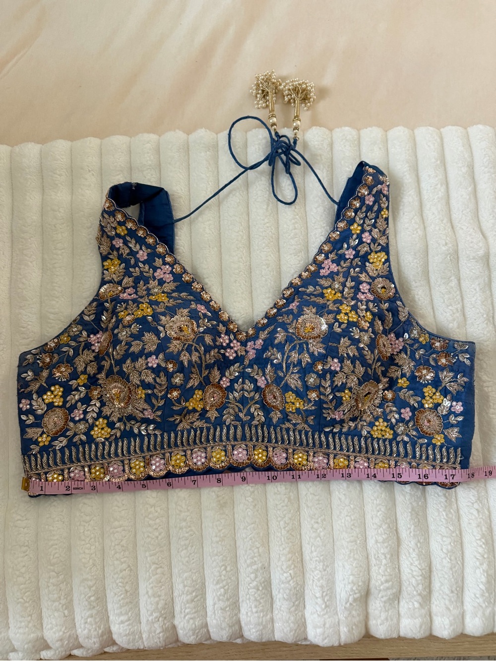 Chamee & Palak Embroidered Jewled Navy Floral Halter Camisole - Picture 10 of 12